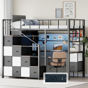 Twin Loft Bed with Desk, Stairs & LED Light, Metal Gaming Loft Bed Frame with Headboard, Safety Guardrail