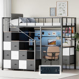 Twin Loft Bed with Desk, Stairs & LED Light, Metal Gaming Loft Bed Frame with Headboard, Safety Guardrail