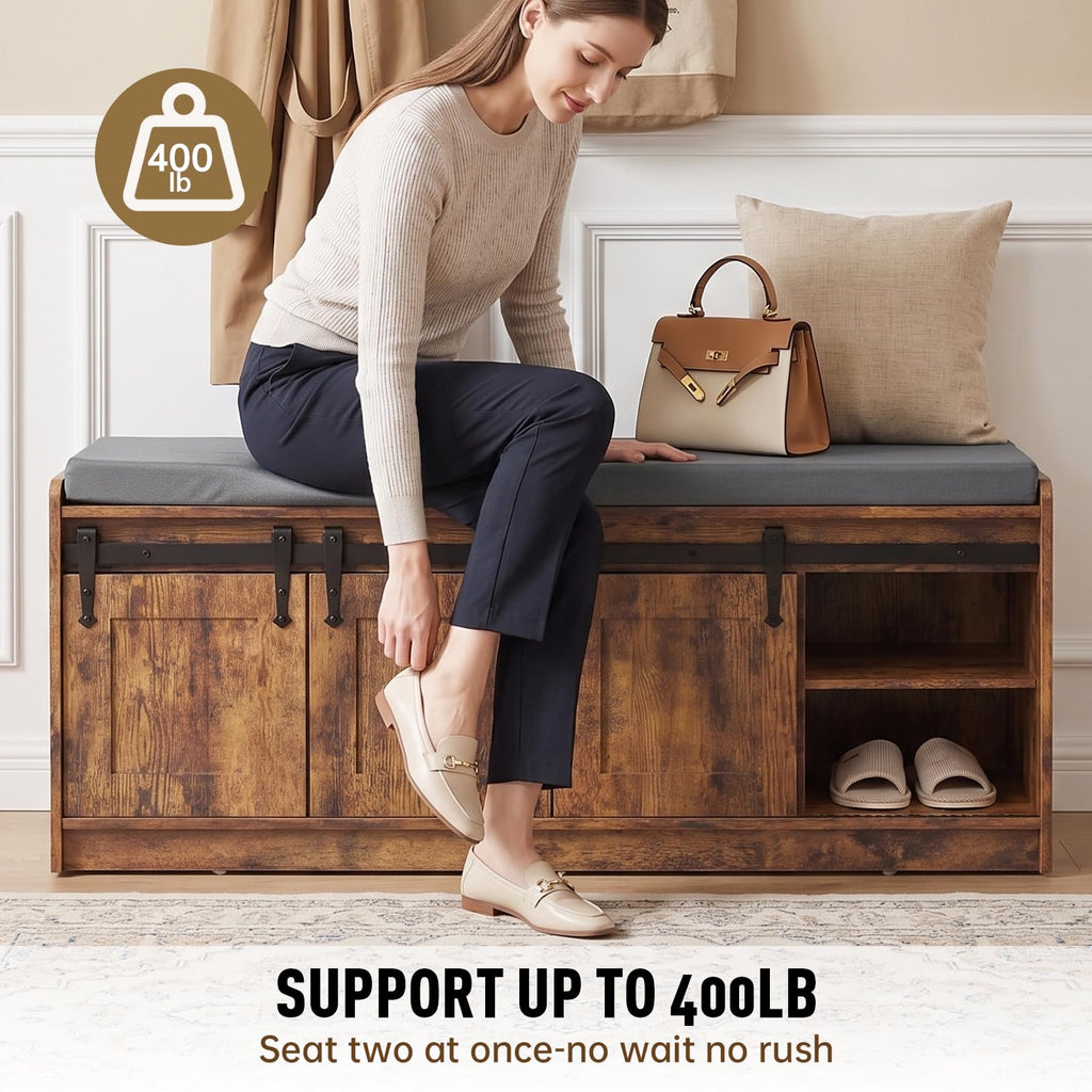 42" Farmhouse Shoe Storage Bench with Seating Cushion
