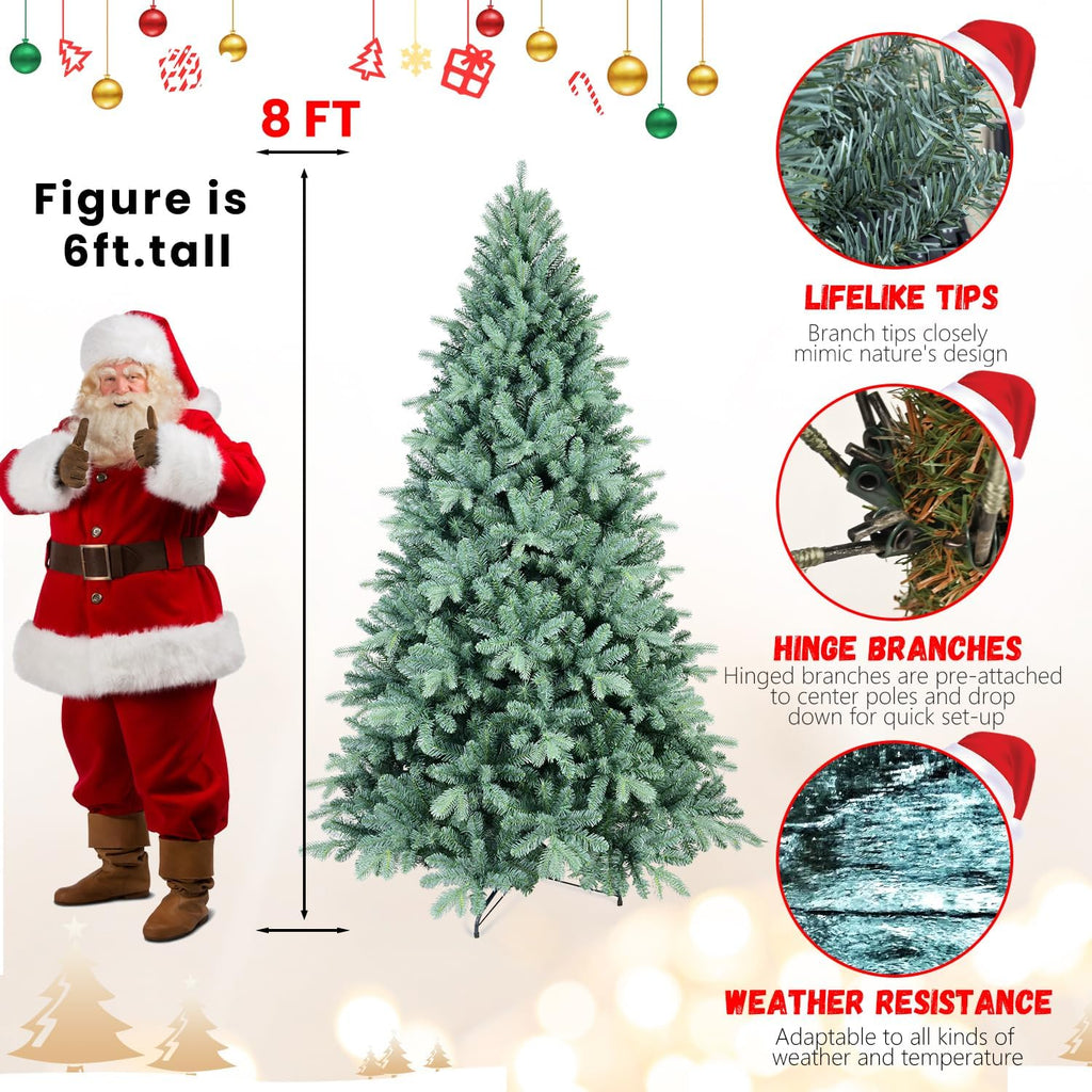 8FT Blue Spruce Artificial Christmas Tree, Premium Unlit Christmas Tree with 2458 PE/PVC Branch Tips, Memory Wire