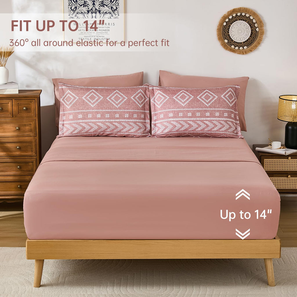 Boho Comforter Set King Size, 7 Pieces Aztec Blush Bed in a Bag