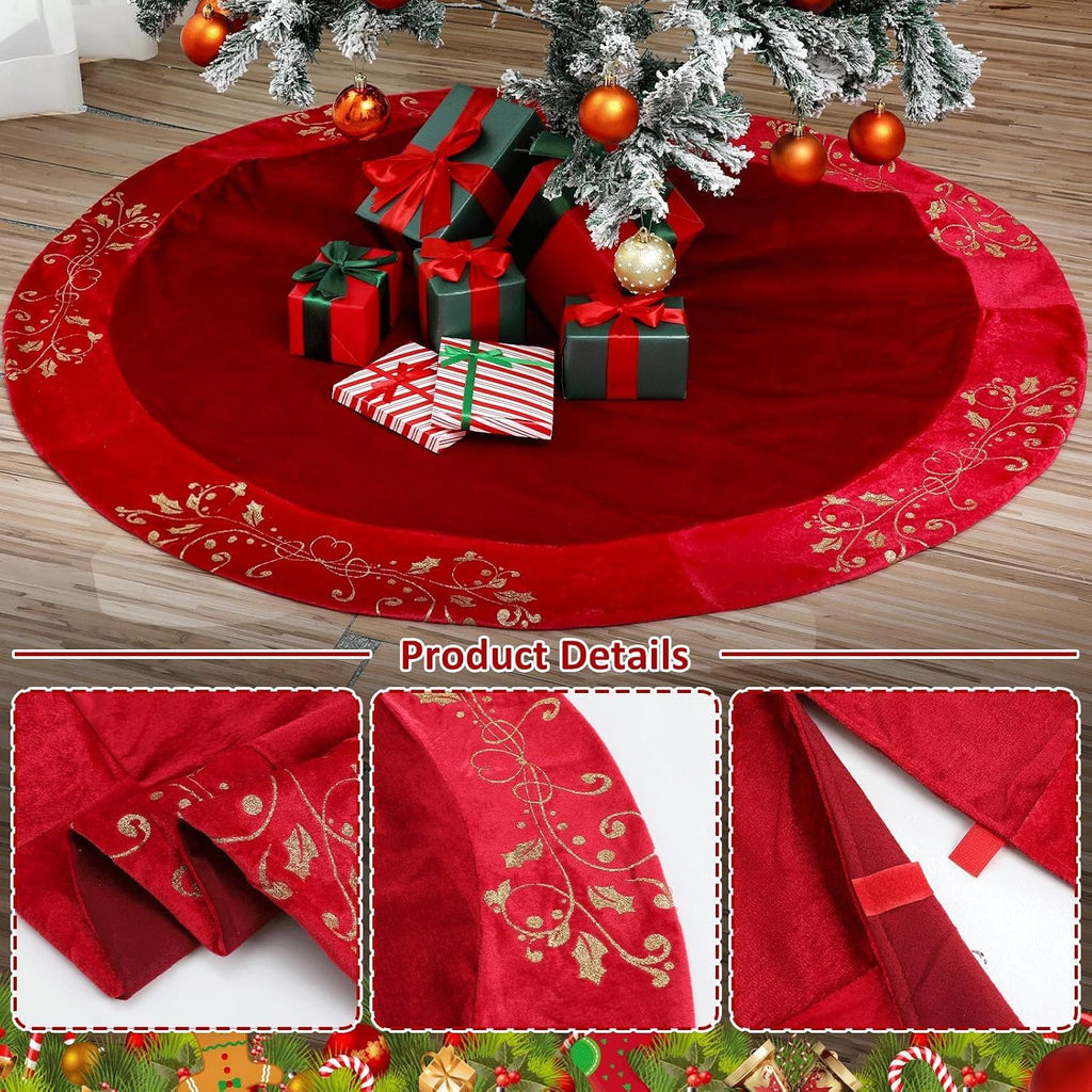 48inch Christmas Tree Skirt Red Luxury Velvet Plush Fur Tree Skirts Xmas Velvet Tree Skirt with Embroidered Holly