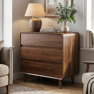 3 Drawer Dresser, Mid Century Modern Chest of Drawers, Curved Dresser with Storage Drawer, Wooden Bedroom Furniture