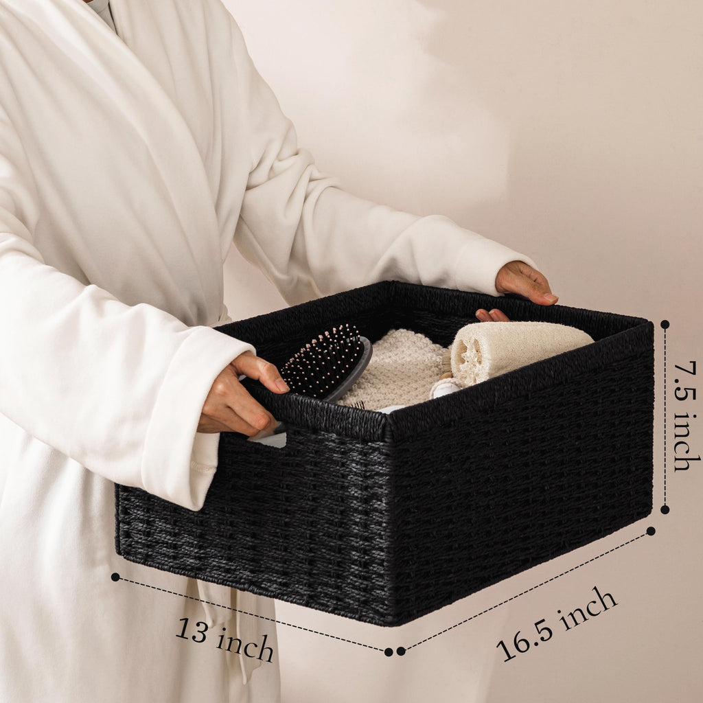 2 Pack Wicker Basket, 16.5L×13H×7.5W inch Woven Paper Rope Storage Baskets for Shelves, Foldable Rectangular Storage