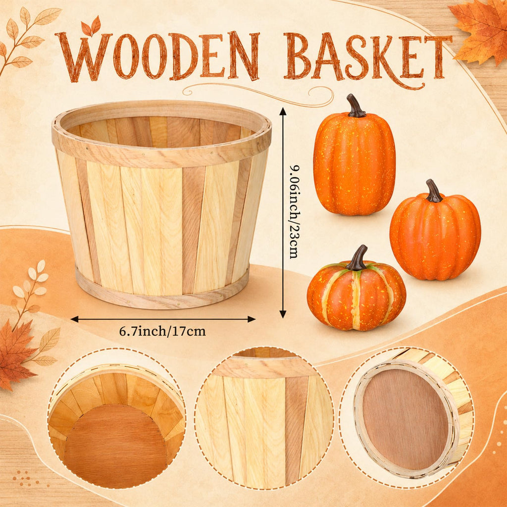 Fall Front Porch Decor Set Wooden Autumn Harvest Basket 9 x 6.7 in