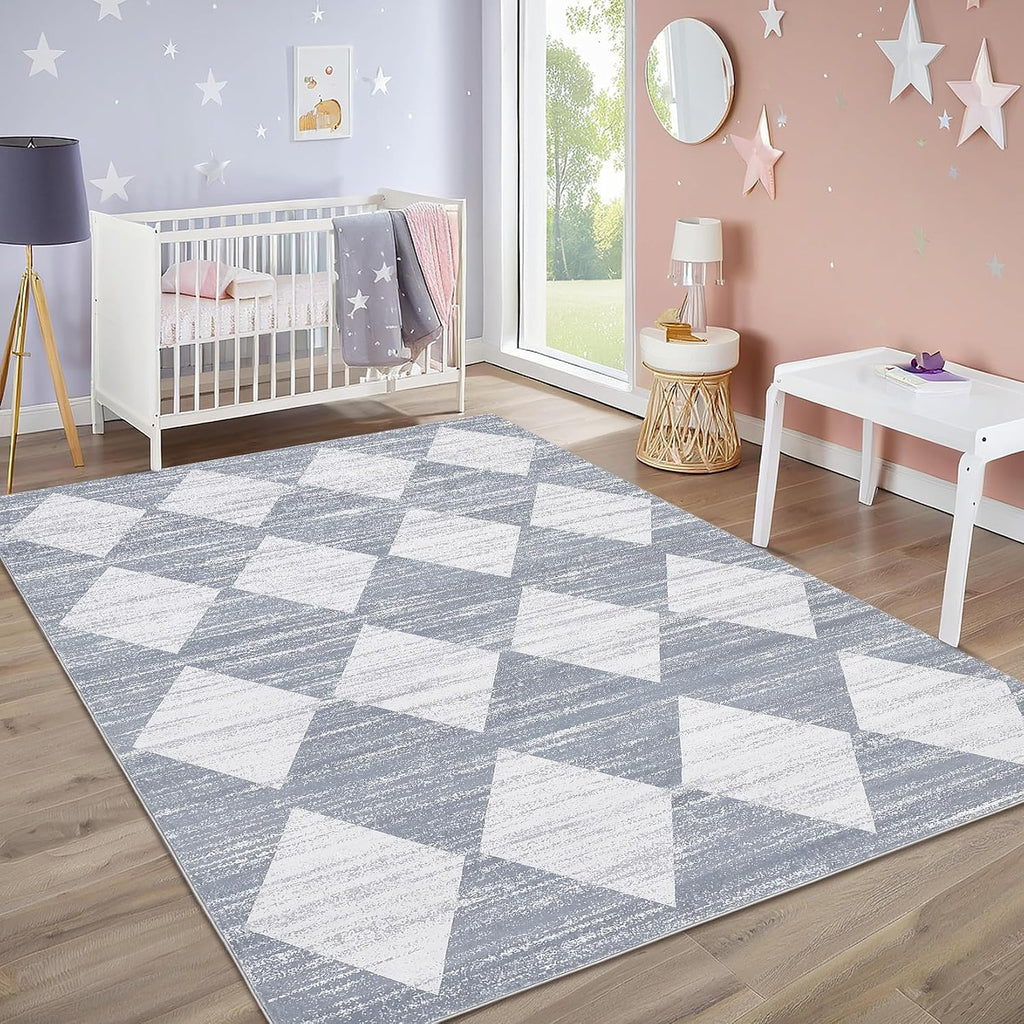 Washable Area Rug, Geometric Checkered Carpet, Neutral Soft Nursery Area Rug, Non Slip Stain Resistant