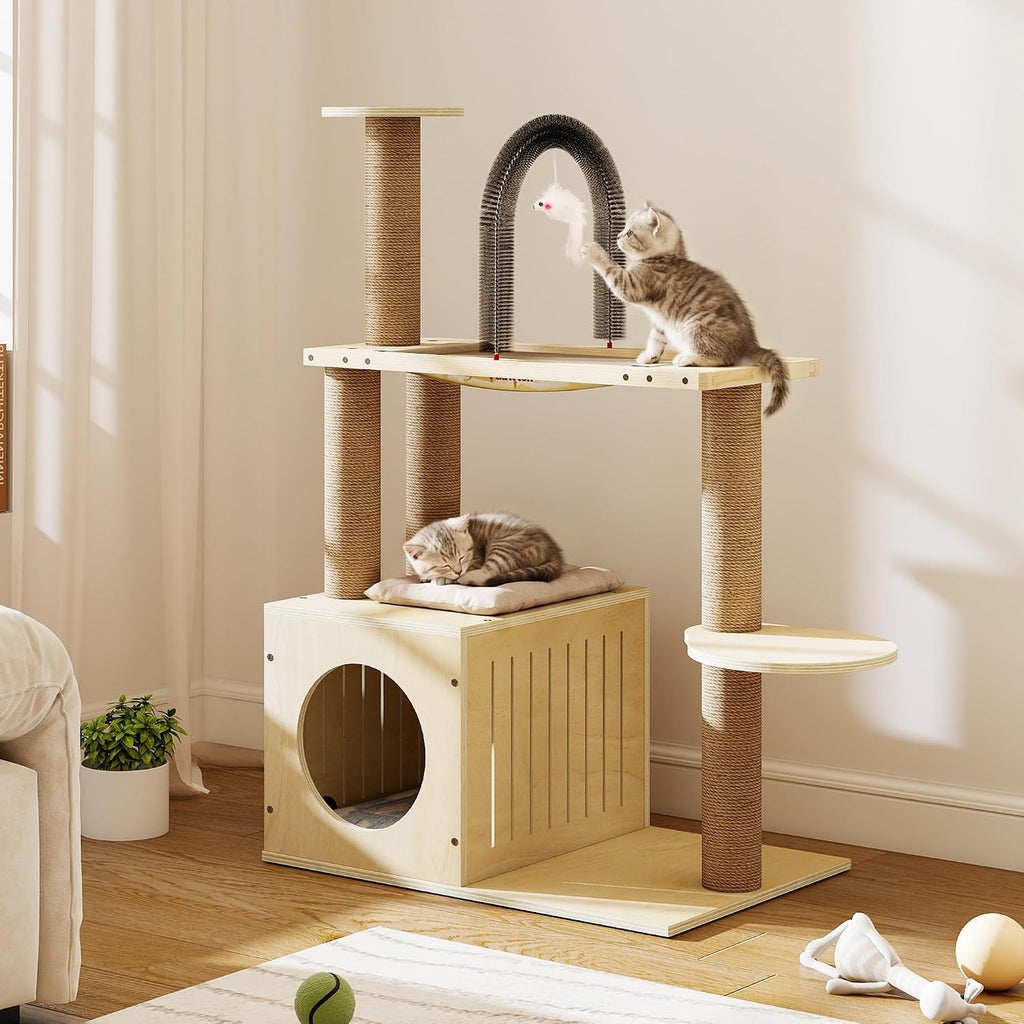Wooden Cat Tree with Scratching Post, Modern Tower for Indoors Cats, Natural