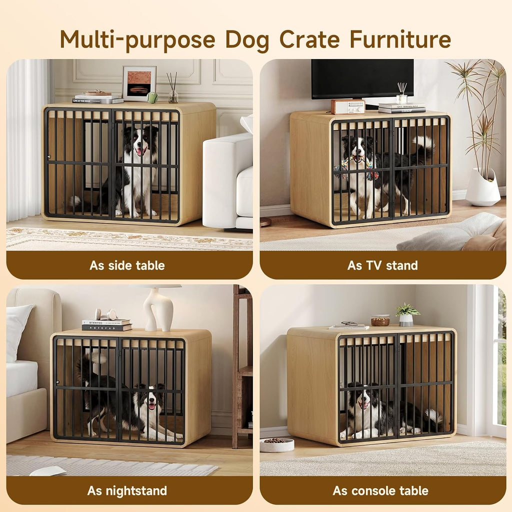 32" Dog Crate Furniture End Table for Medium Dogs, Natural Oak