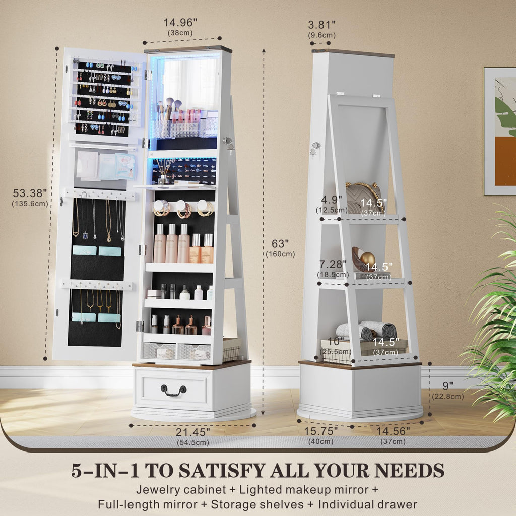 Jewelry Cabinet with Full Length Mirror, Lockable, Swivel, White