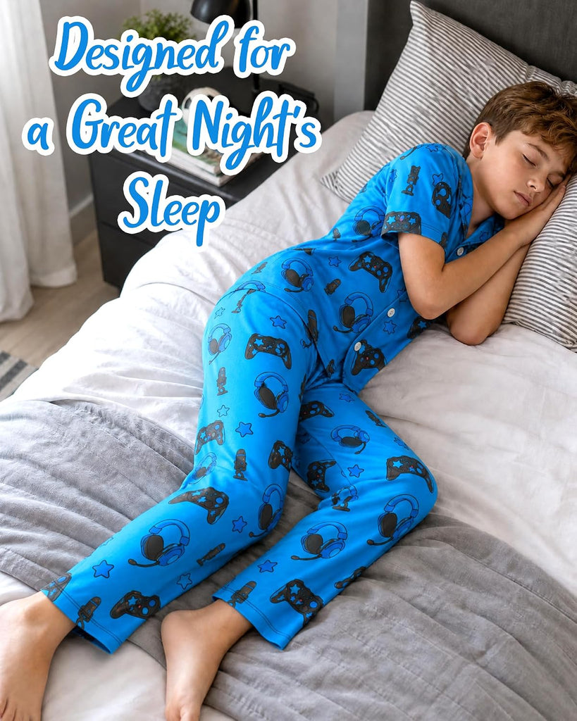 Boys Pajamas Big Boys Pjs Set Short Sleeves and Pants Sleepwear for Kids Button-Down Jammies Loungewear