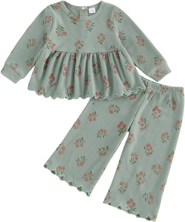 Toddler Girl Fall Winter Clothes Waffle Knit Outfits Floral Long Sleeve Scalloped Shirt Pants Baby Kids Clothing Set