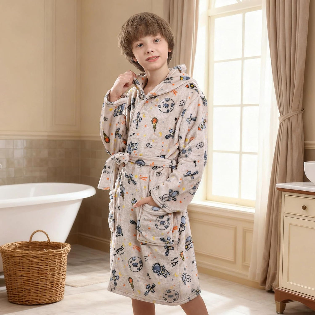 Boys Fleece Robe, Hooded Soft Fuzzy Bathrobe for Kids