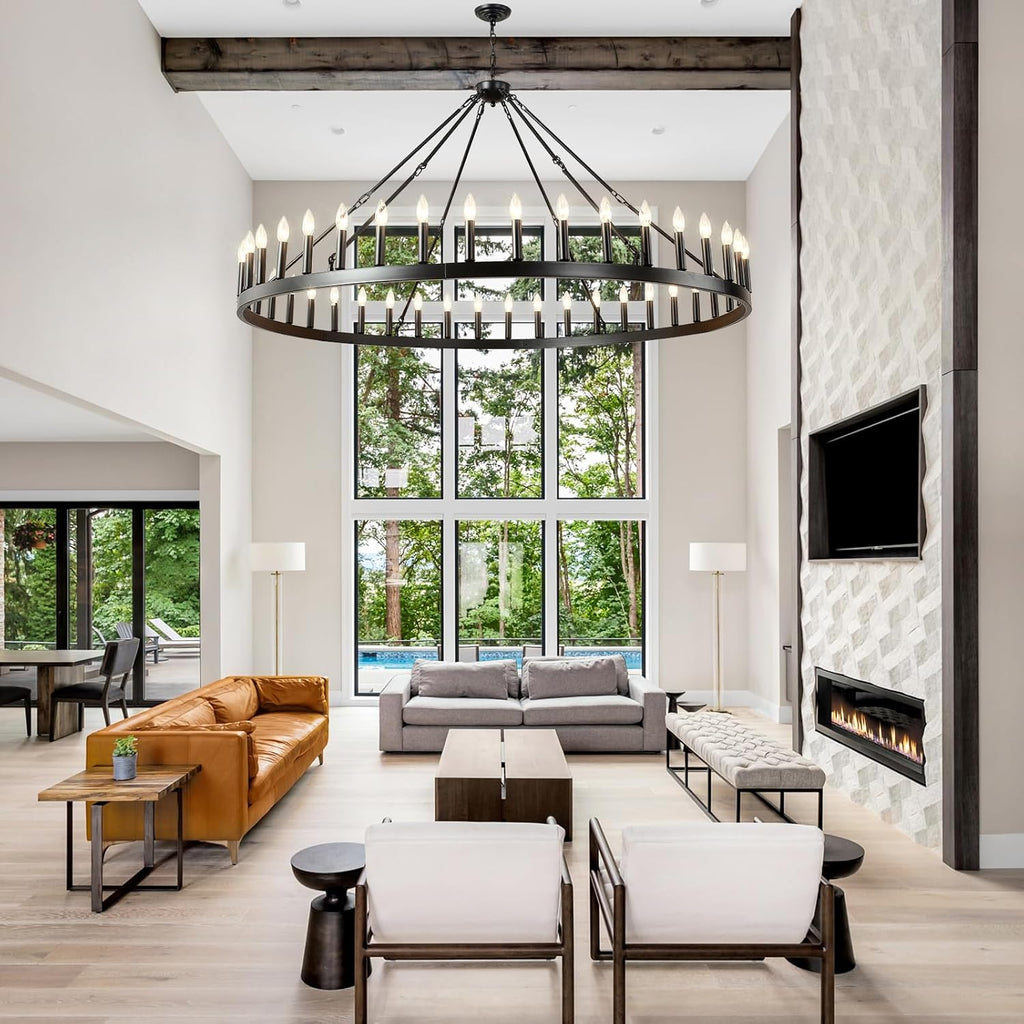 Inspired Camino Style Chandelier - 64 Inch Extra Large Black Wagon Wheel Chandelier 42-Light Farmhouse Wagon Wheel Chandeliers Round Industrial Ceiling Light fixtures for Outdoor Porch high Ceilings Living Dining Room Foyer Entryway A105-B0C5RF3HXN