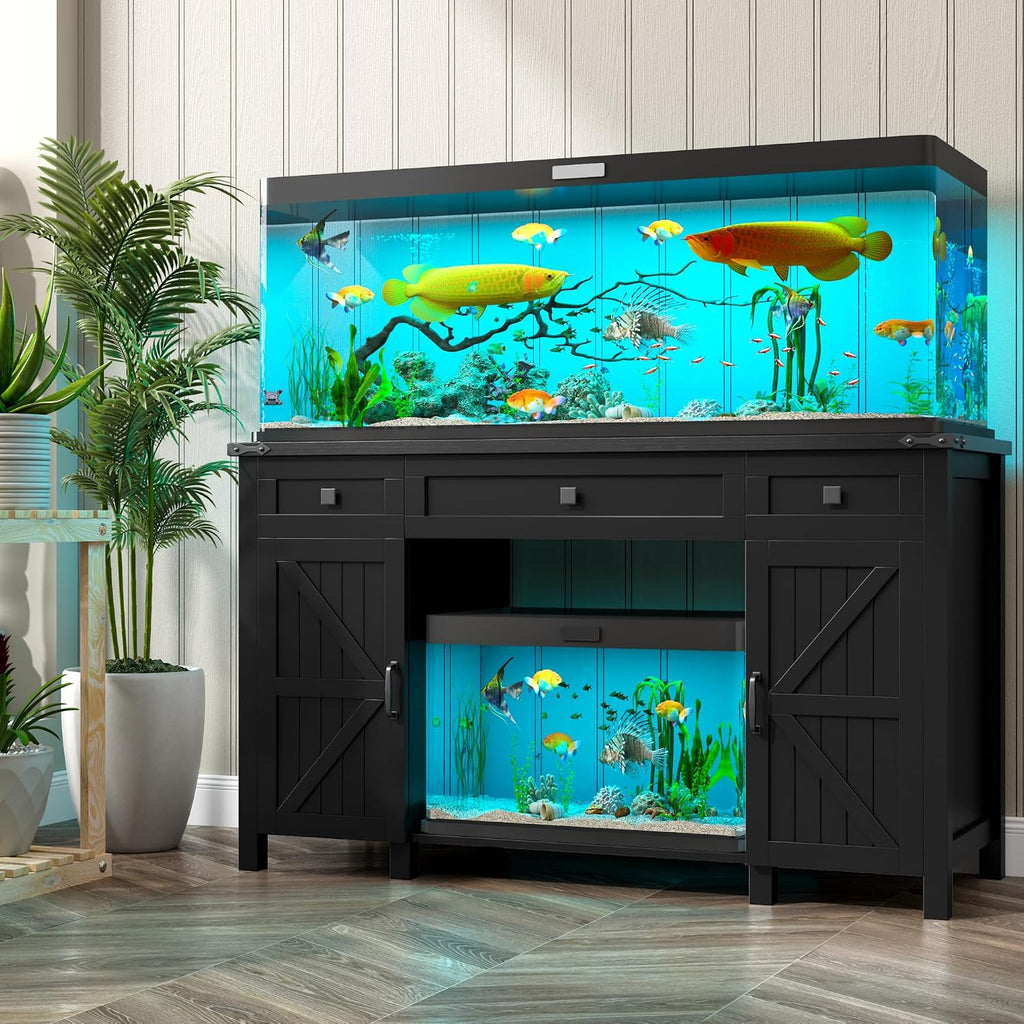 Farmhouse 55-75 Gallon Fish Tank Stand with Power Outlet, Aquarium Stand with 2 Drawers and Adjustable Shelves, Heavy