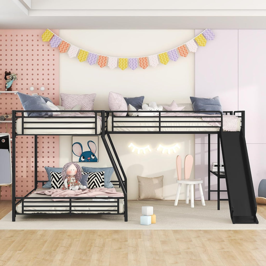 Triple Bunk Beds, L-Shape Twin Over Full Bunk Bed Attached a Loft Bed with Desk, Triple Bunk Beds with Slide