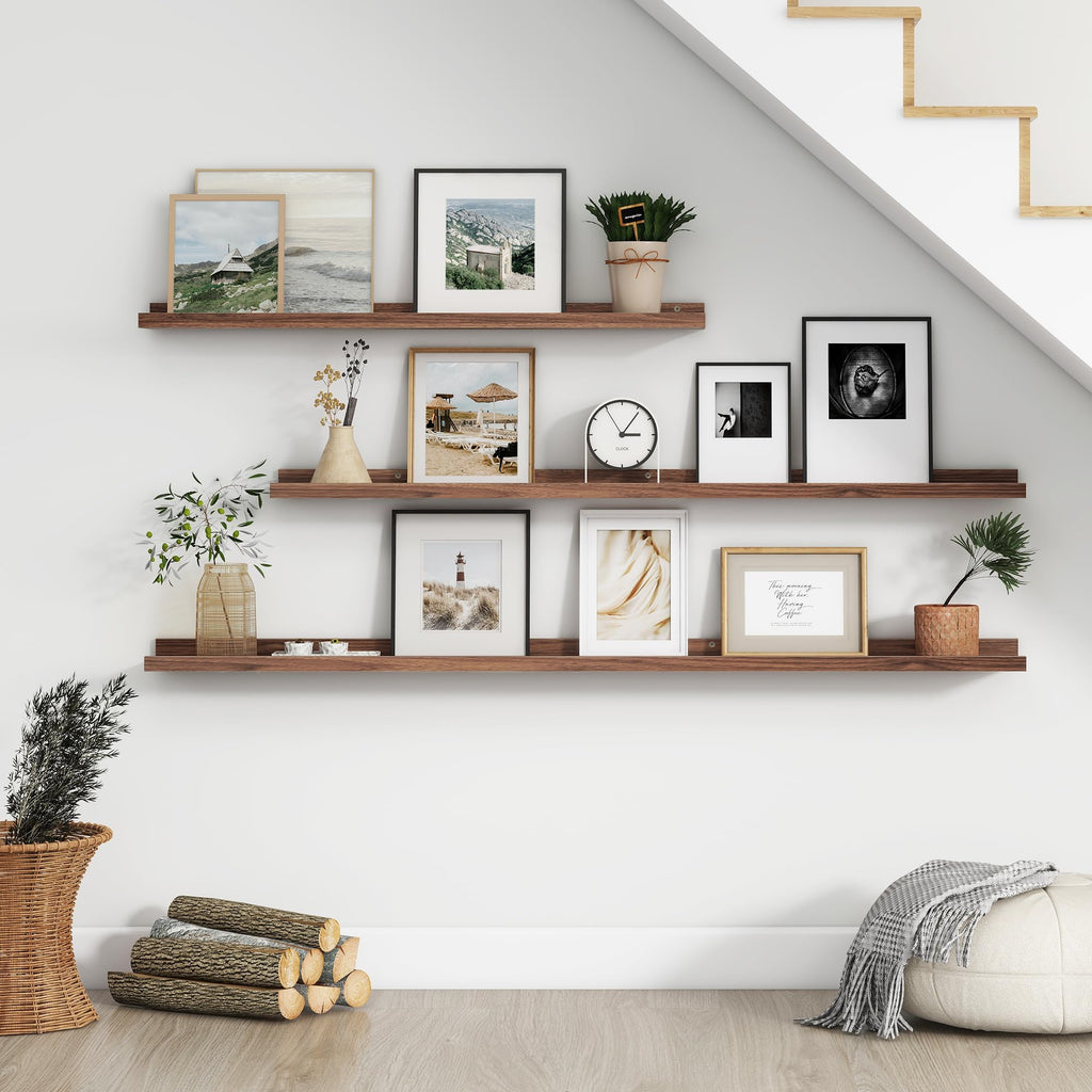 Floating Picture Ledge Shelves for Wall Set of 4, 48" W, Walnut