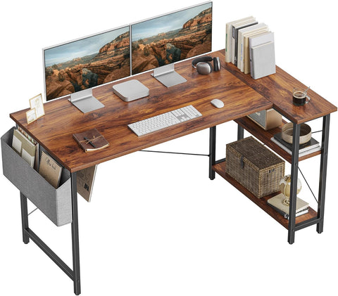 L Shaped Desk, 55" Computer Table with Reversible Storage Shelves Home Office Corner Study Writing Gaming, Brown