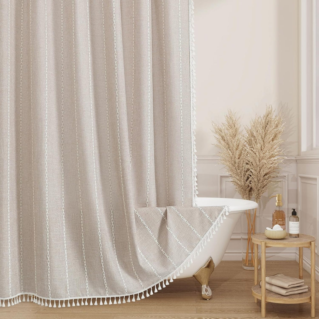 Boho Farmhouse Fabric Shower Curtain, Tan Brown Modern Polyester Linen Shower Curtains for Vintage Rustic Bathroom