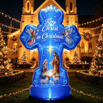 6FT Christmas Inflatables Nativity Scene, Keep Christ in Christmas Cross Holy Nativity Blow up Giant Yard Decoration