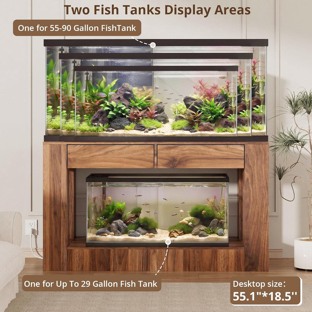 55-75/90 Gallon Fish Tank Stand with Power Outlet for 2 Tank, Walnut