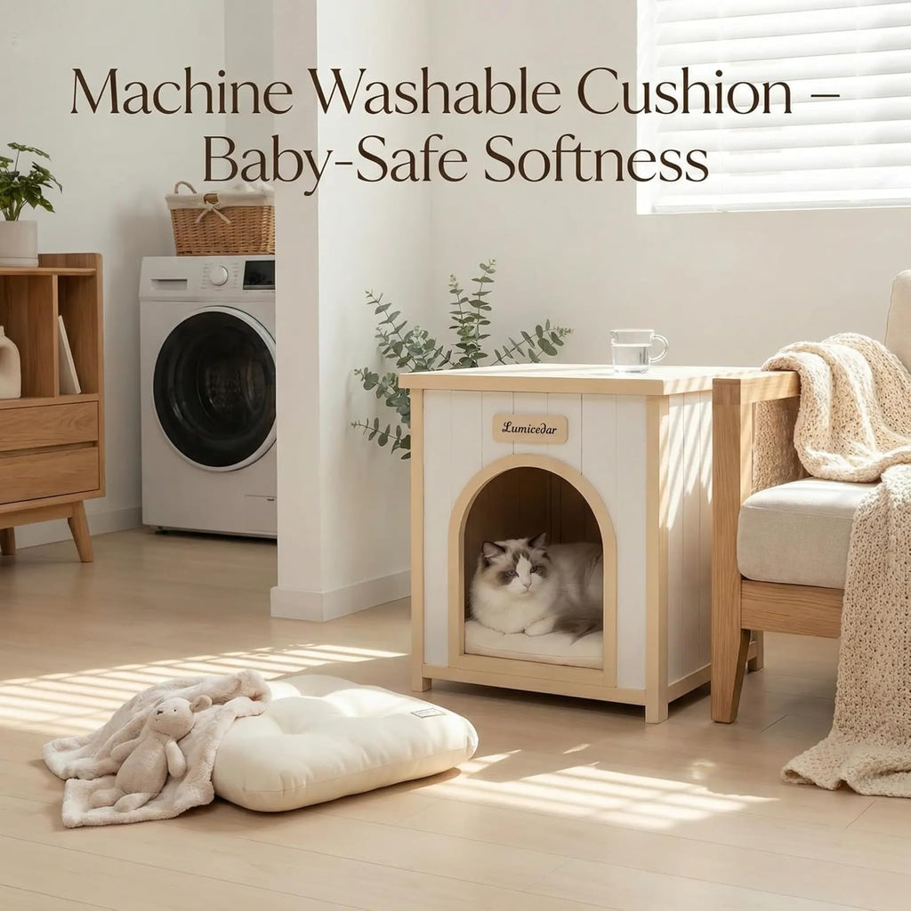 Indoor Wooden Dog House with Removable Cushion, Solid Cedar Pet House for Small Dogs & Cats, Furniture Side Table