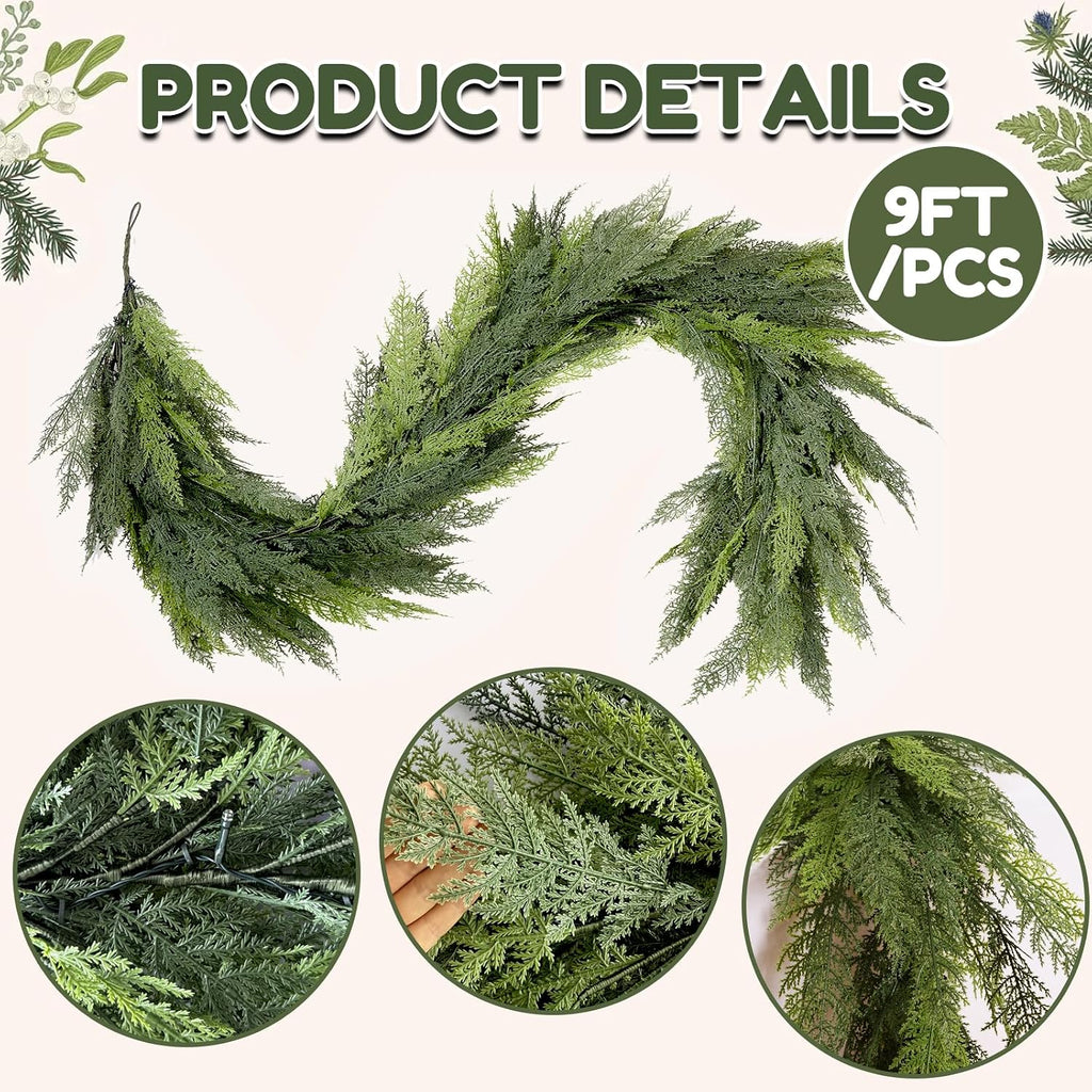 9 FT 1Pcs Prelit Realistic Faux Pine Cedar Garland for Christmas Decor Home
