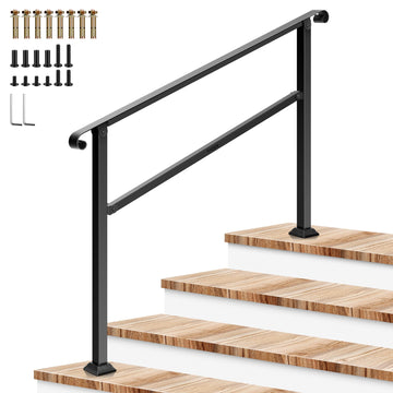 4-Step Stair Handrail 54"x36" Wrought Iron with Curved Ends Black