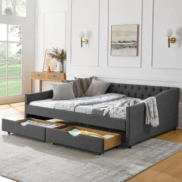 Wood Queen Size Daybed, Day Bed Frame with 2 Storage Drawers, Upholstered Bed Frame Queen Sofa Bed with Button and