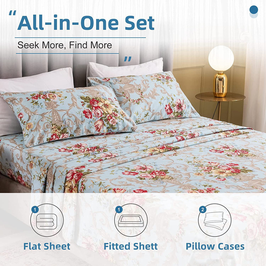 100% Egyptian Cotton Sheet Sets - Queen Vintage Rose Floral Bedding - Super Soft Farmhouse - Deep Pocket Fitted Sheet