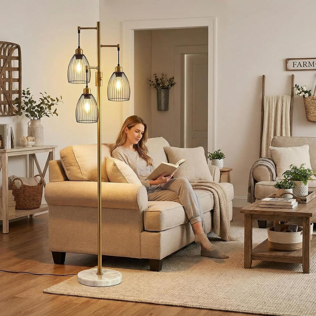 Dimmable Floor Lamps, Industrial Standing Lamp with Marble Base, Antique Brass Tree Tall Pole Light with 3 Elegant