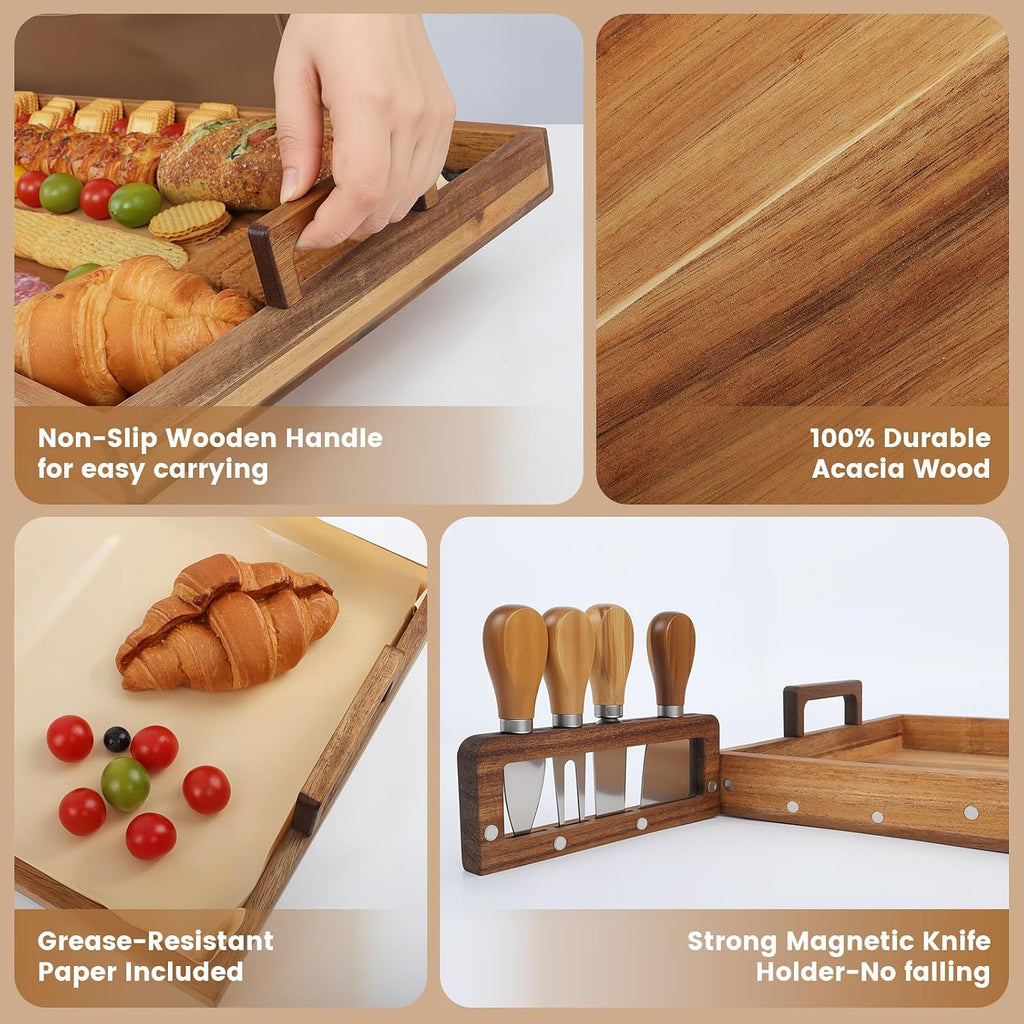 Large Charcuterie Board 30x12 Inch with Cheese Knife Set Acacia Wood | Extra Large Acacia Wood Board with