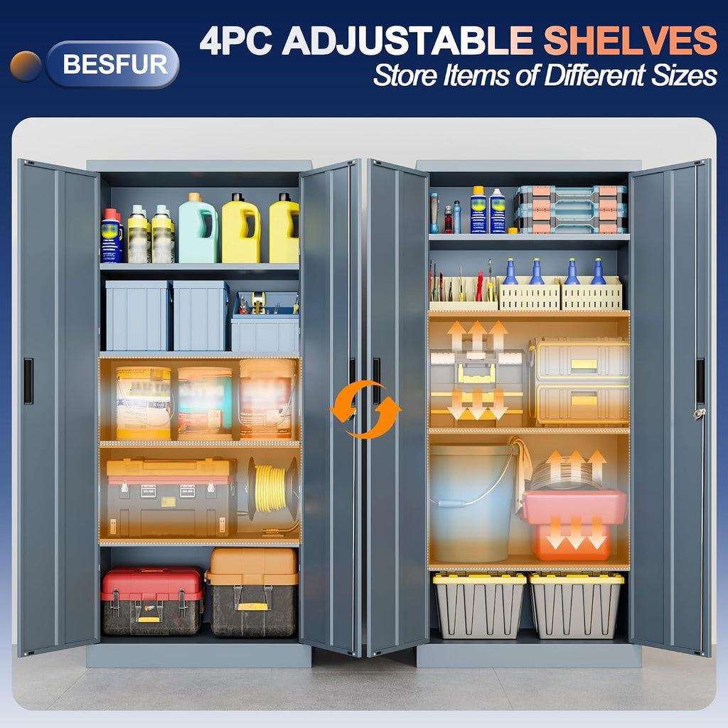 Metal Storage Cabinet with 2 Doors and 4 Adjustable Shelves Garage Storage Cabinet with Lock 71" Office Storage