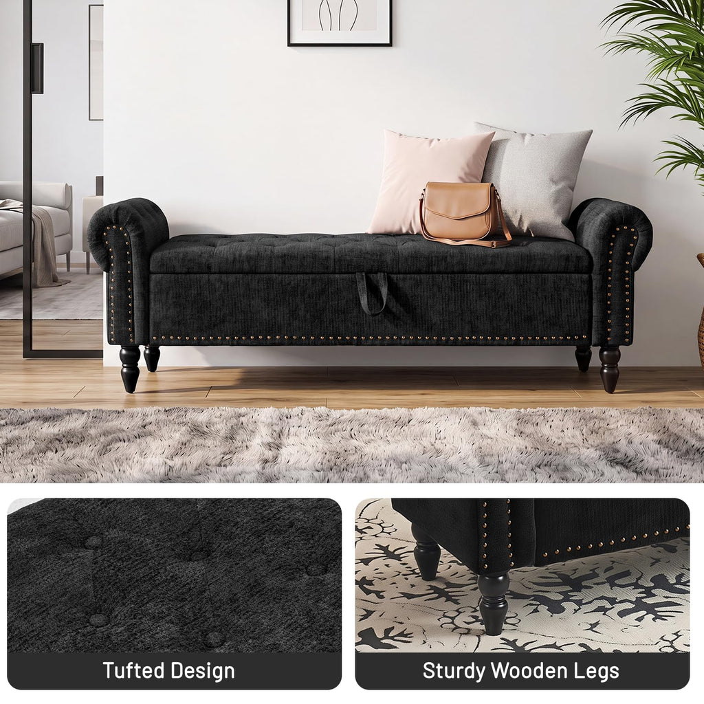63" End of Bed Storage Bench, Bedroom Bench with Button-Tufted, Upholstered Storage Ottoman Benches Window Bench with