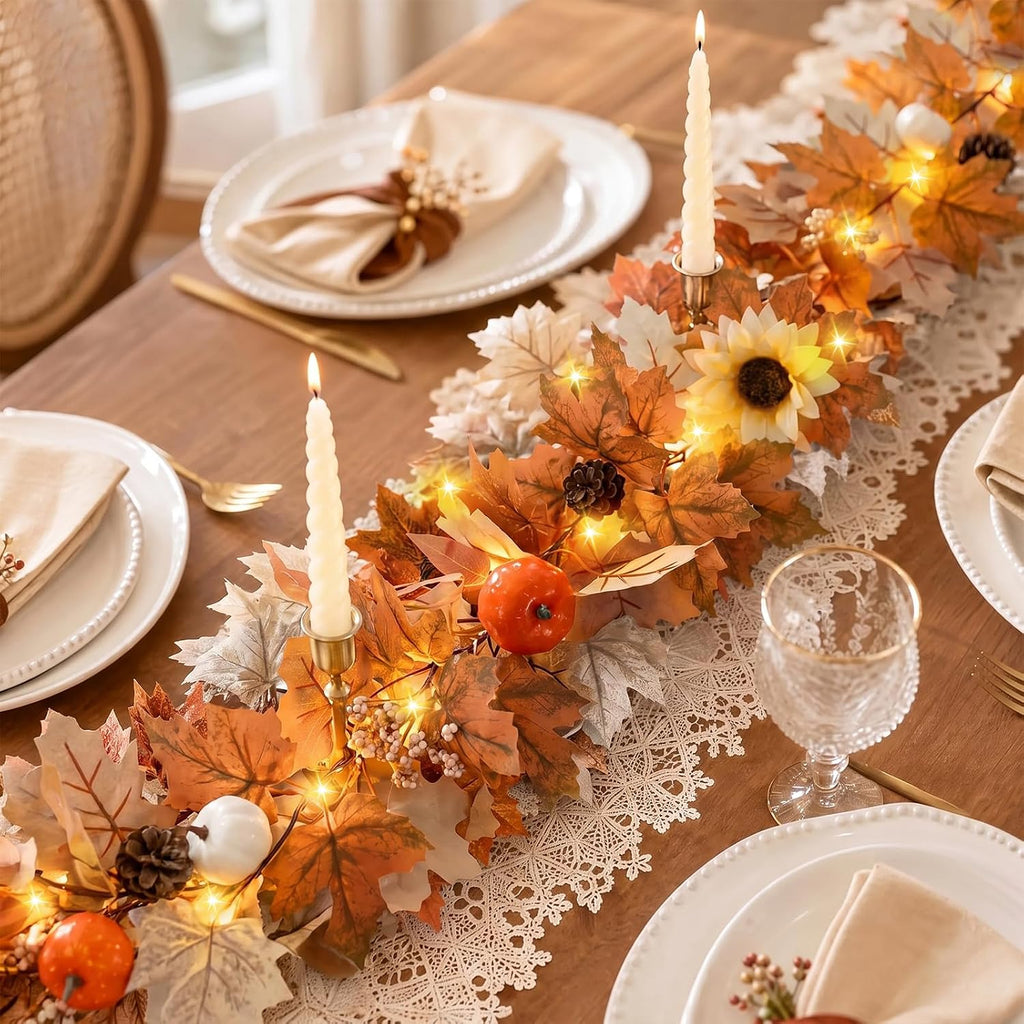 6Ft Lighted Fall Garland with Lights Sunflower Pumpkins for Mantle - Set of 6