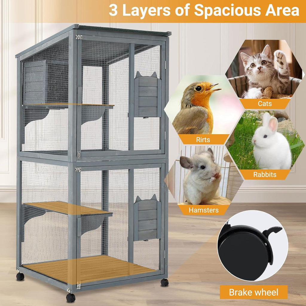 69 in Wooden 4-Tier Cat Catio Enclosure - Indoor/Outdoor Cat Playpen