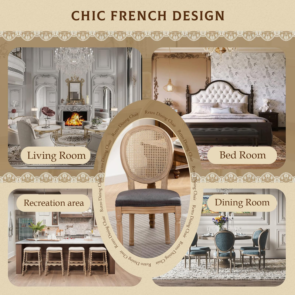 French Dining Chairs Set of 6, Vantage Dining Chair with Round Back, Wood Leg Farmhouse Country Rattan Dining Chair
