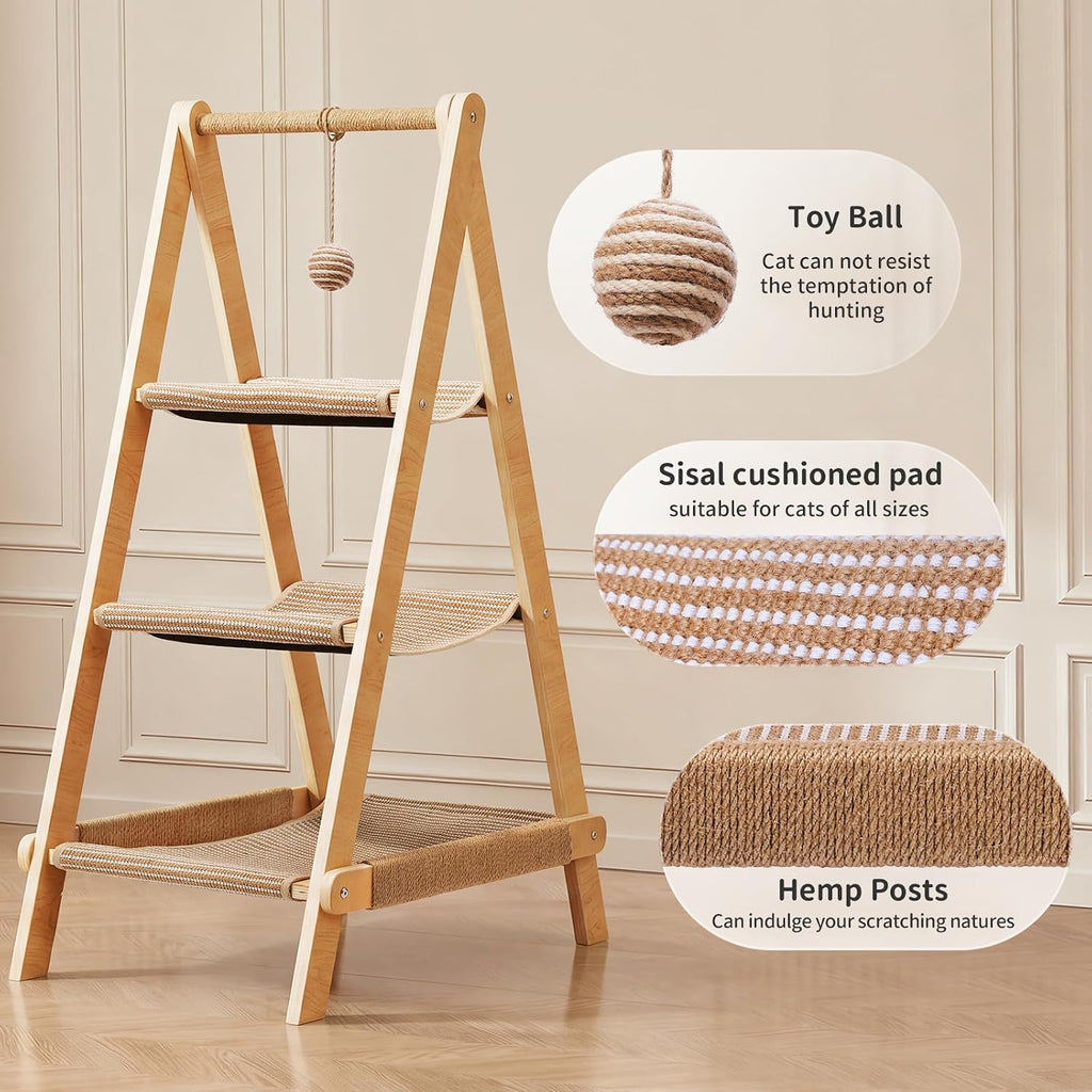 Stylish Plywood A-Frame Cat Tower, 3-Tier Perch, Sisal Scratching Board & Open Hammock, Space-Saving Movable Cat Tree