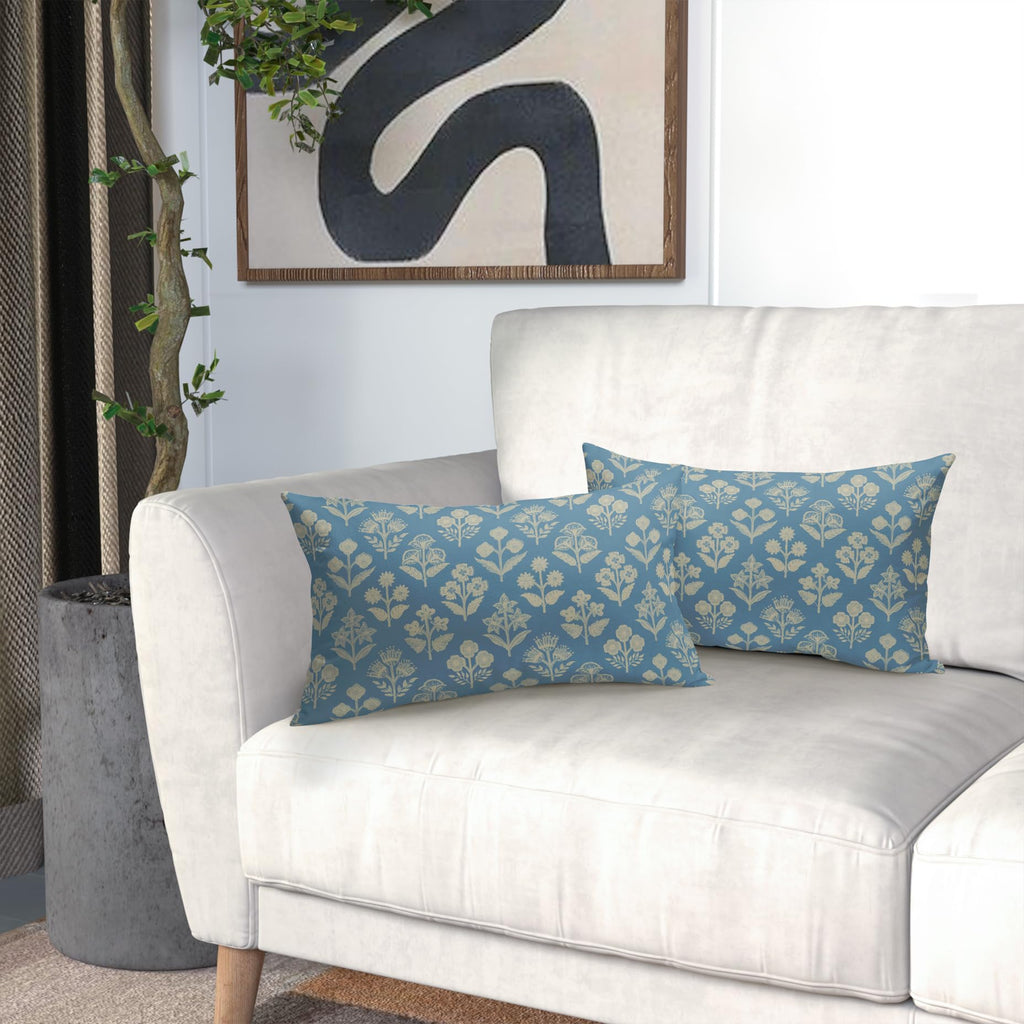 Light Blue Pillow Covers 12x20 Inch Set of 2, Cream Floral Block Print Pattern Lumbar Decorative Throw Pillowcases