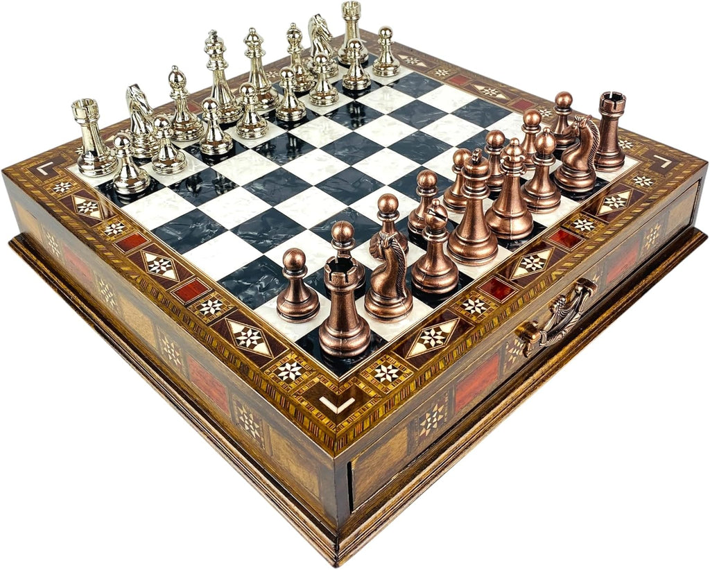 Premium Large Size Classic Chess Set with Metal Chessmen (Black Chess Board and Bronze&Silver Chess Pieces)