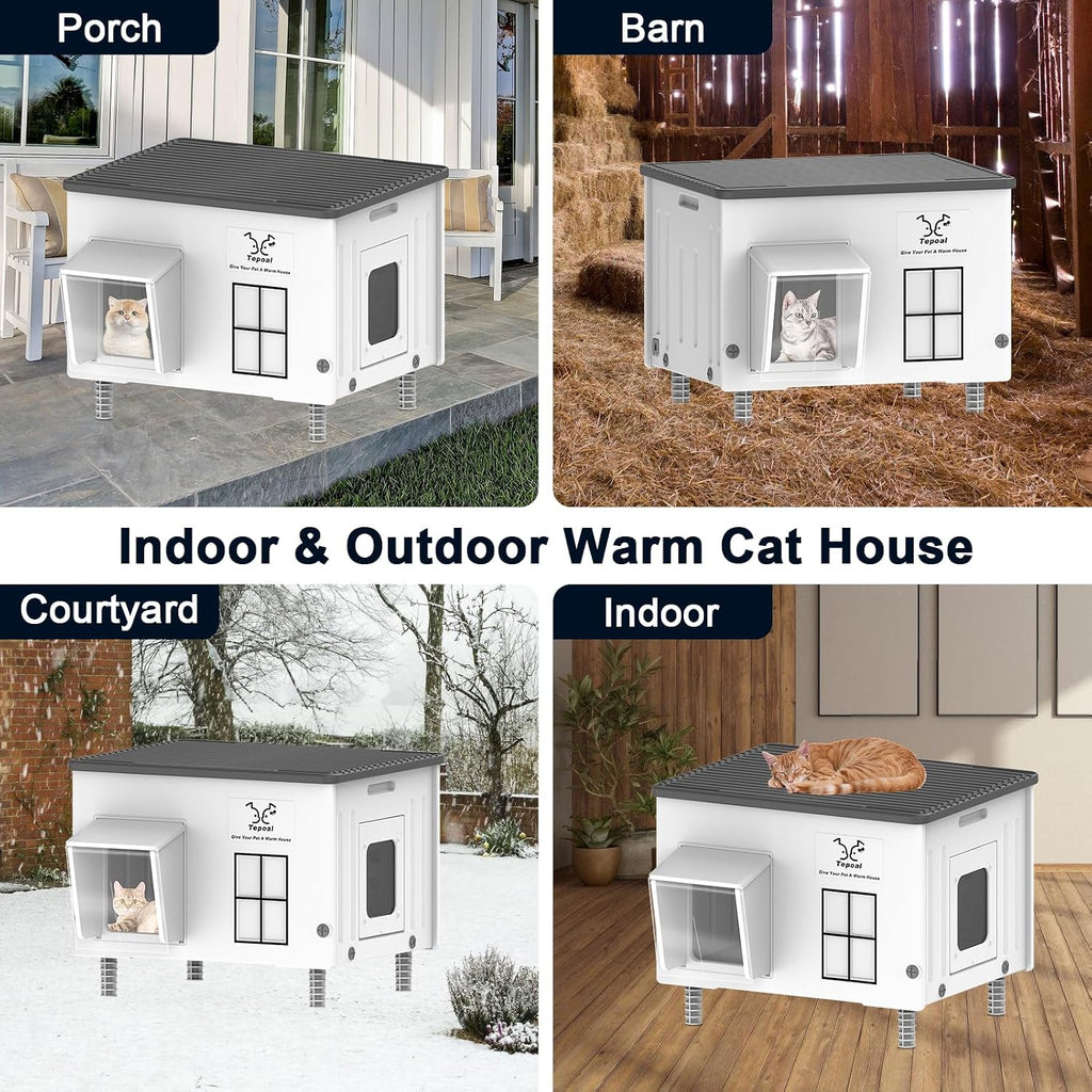 Indestructible Heated Cat House for Outside, Large Heated Outdoor Cat House 100% Weatherproof with Escape Door