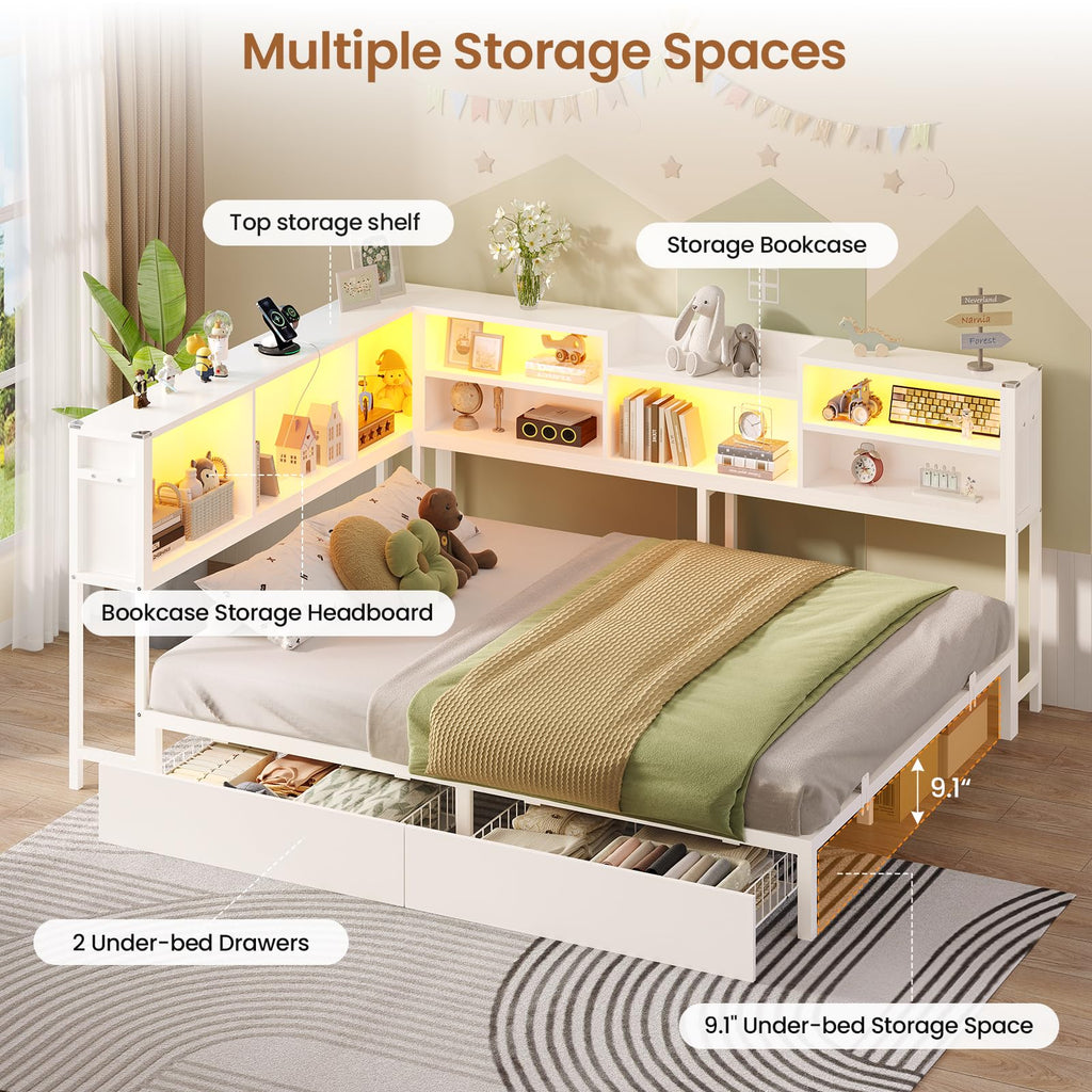 Corner Bed Frame Queen with Storage Bookcase and Drawers, Queen Size Daybed with Charging Station and LED Lights