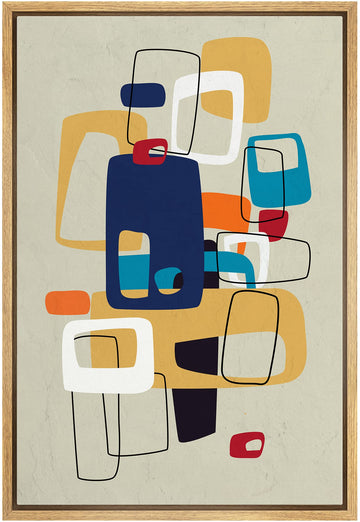 Framed Canvas Print Wall Art Mid-Century Modern Colorful Polygon Collage Abstract Shapes Illustrations Minimalism