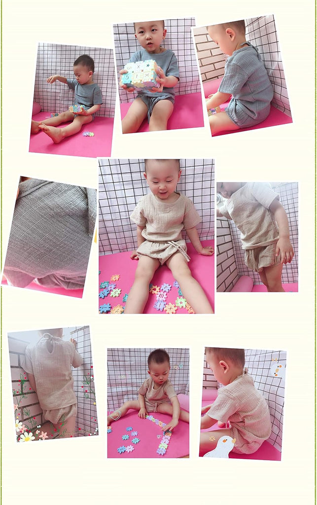 Baby Girls Boys Cotton Linen Blend Short Sleeve Top and Bloomer Shorts