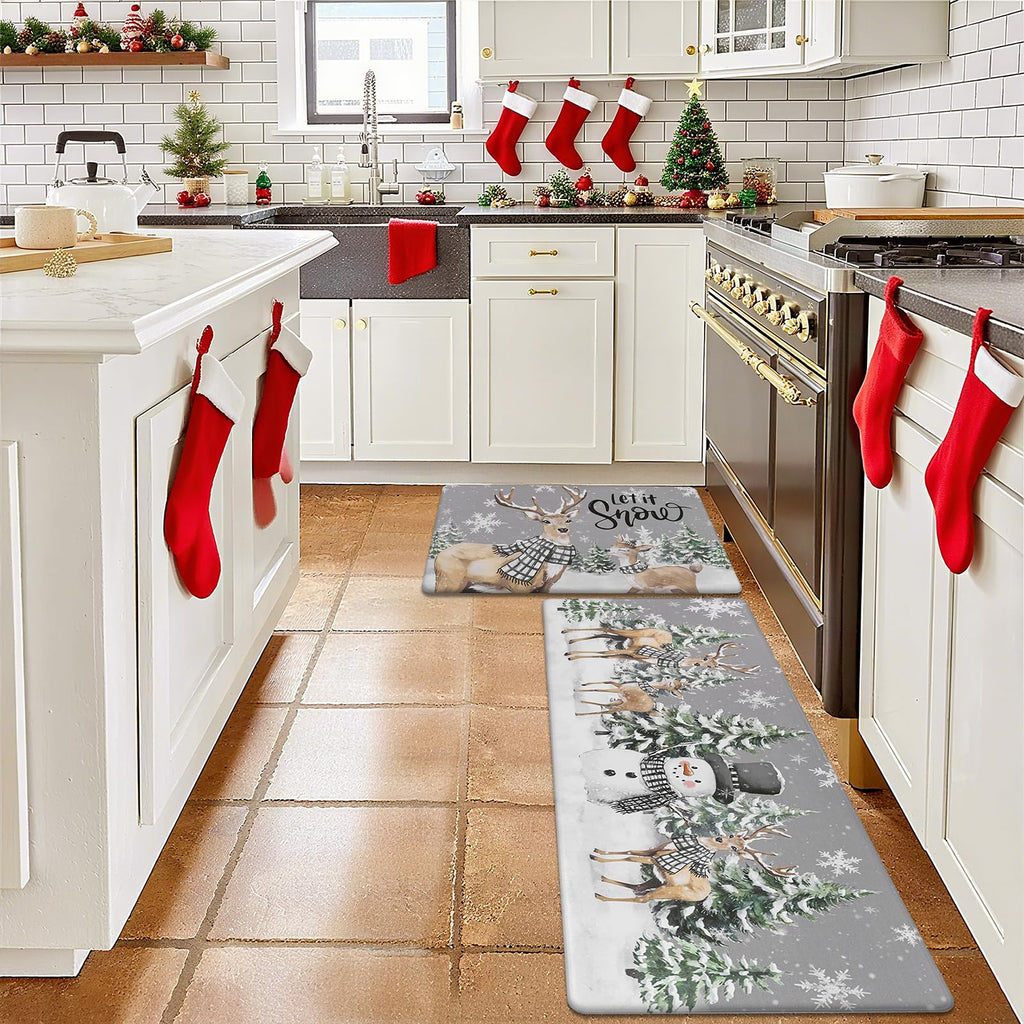 Christmas Kitchen Rugs Set of 2 Forest Reindeer 17x27.5+17x47