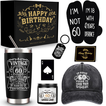 60th Birthday Gifts for Men, Unique 60 Year Old Birthday Gifts Box with 20 Oz Tumbler, Socks, Baseball Cap, 60th Men