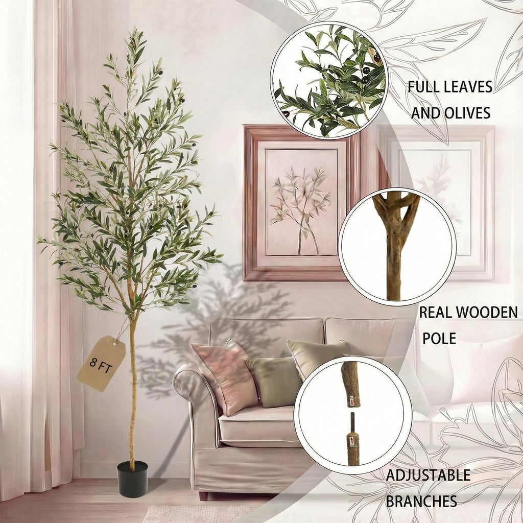 8FT Olive Trees Artificial Indoor, Fake Olive Tree with Natural Wood Trunk and Olive Branches and Lifelike Fruits, Faux