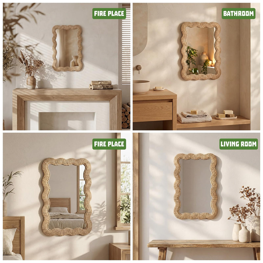 Boho Rattan Mirror, Rectangle, 10.4 x 15.8 in