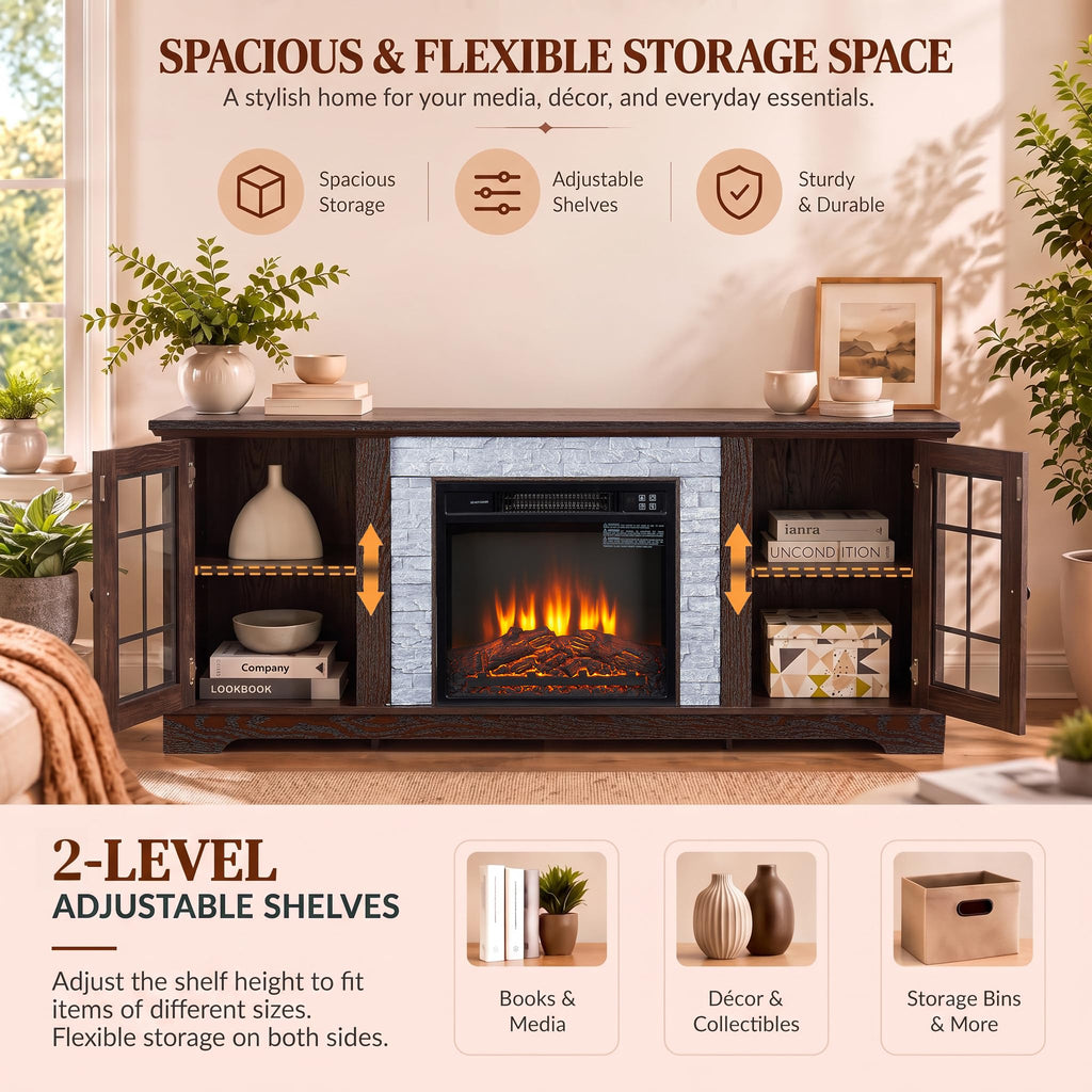 58" Fireplace TV Stand with Mantel for TVs up to 65" (Cherry)