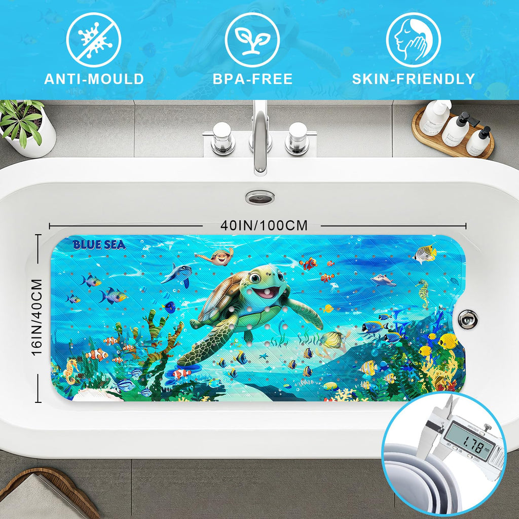 Bath Mat for Tub Non Slip Kids Bathtub Mat 40x16 Baby Bath Mat, Blue Sea