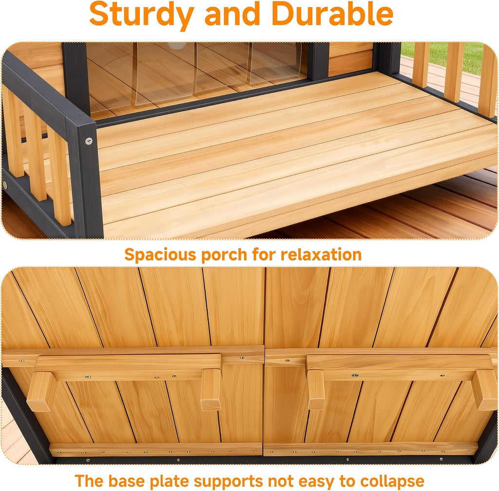 Large Dog House Outdoor, Wood Weatherproof Shelter with Elevated Floor